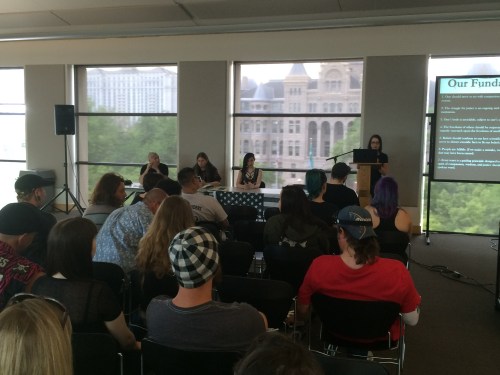 Satanic Temple-Utah open meeting, L to r (table): Aaron Shea, Paul Black, Autumn Rogers, Chalice Blyth, Salt Lake City Public Library, Saturday, May 21, 2016, Salt Lake City, UT