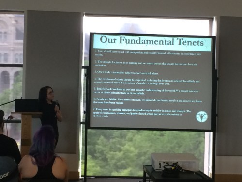Satanic Temple-Utah open meeting, Chalice Blyth talking about seven tenets, Salt Lake City Public Library, Saturday, May 21, 2016, Salt Lake City, UT