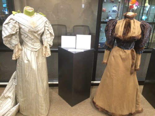 5th Annual Salt City Steamfest, fashion collection two piece day dress circa 1890 (left) and walking dress Mme. C. Drevet circa 1890, Friday, August 12, 2016, Utah Cultural Center, West Valley City, UT