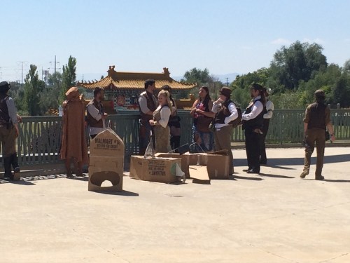 5th Annual Salt City Steamfest, cardboard airship racers chatting, Sunday, August 14, 2016, Utah Cultural Center, West Valley City, UT