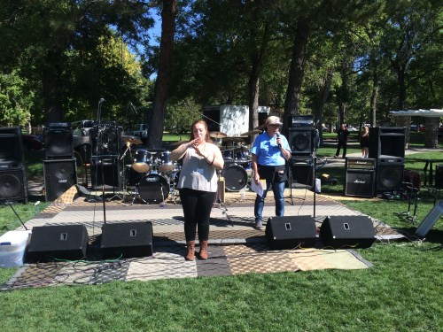 Salt Lake City 15th Annual Pagan Pride Day, announcements, ASL translator, Debra Hurst (right), Saturday, September 17, 2016, Liberty Park, Salt Lake City, UT
