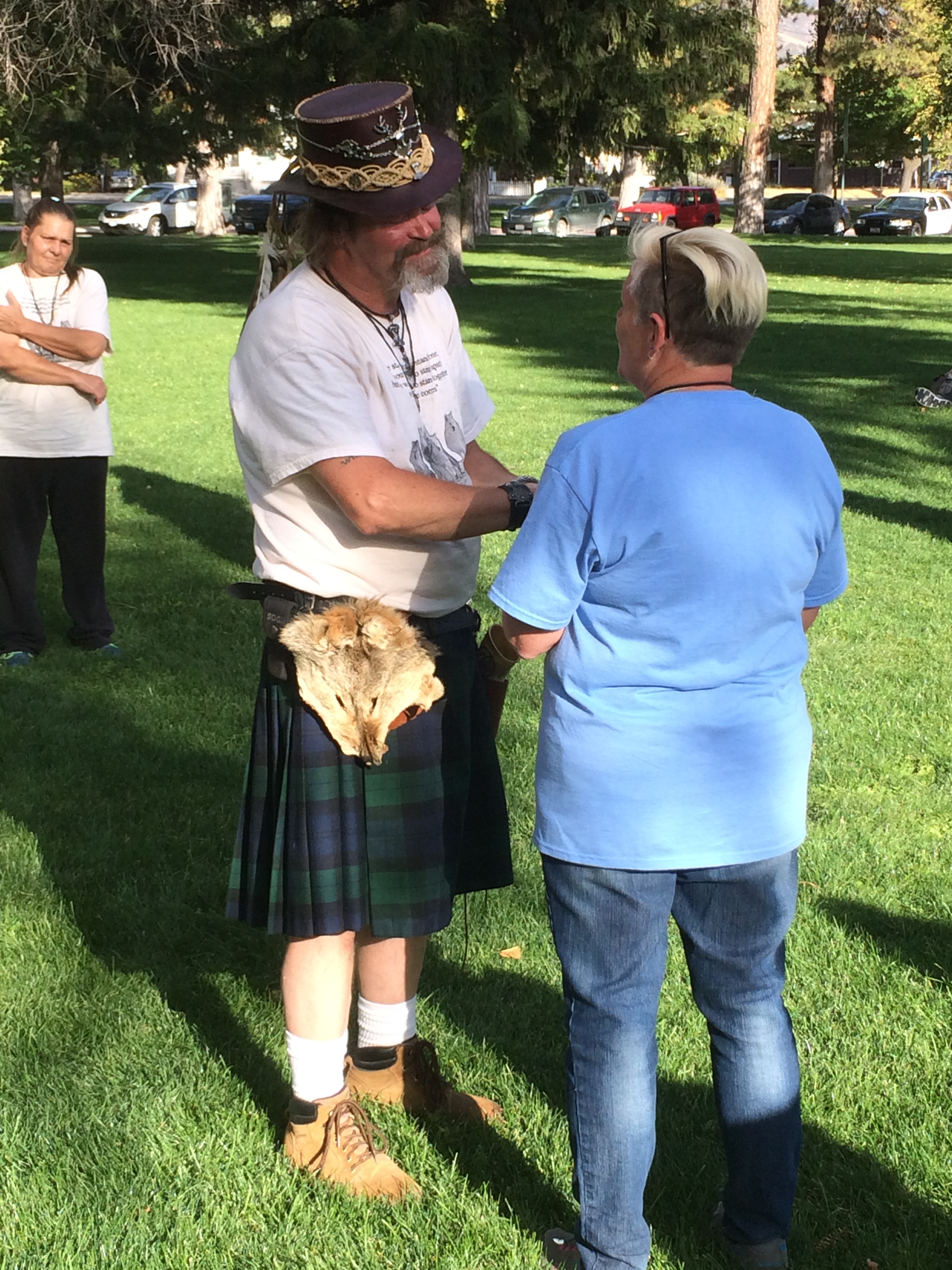 Salt Lake City 15th Annual Pagan Pride Day, Rex Juhlin (l) and Debra Hurst offering sacred oath, Saturday, September 17, 2016, Liberty Park, Salt Lake City, UT